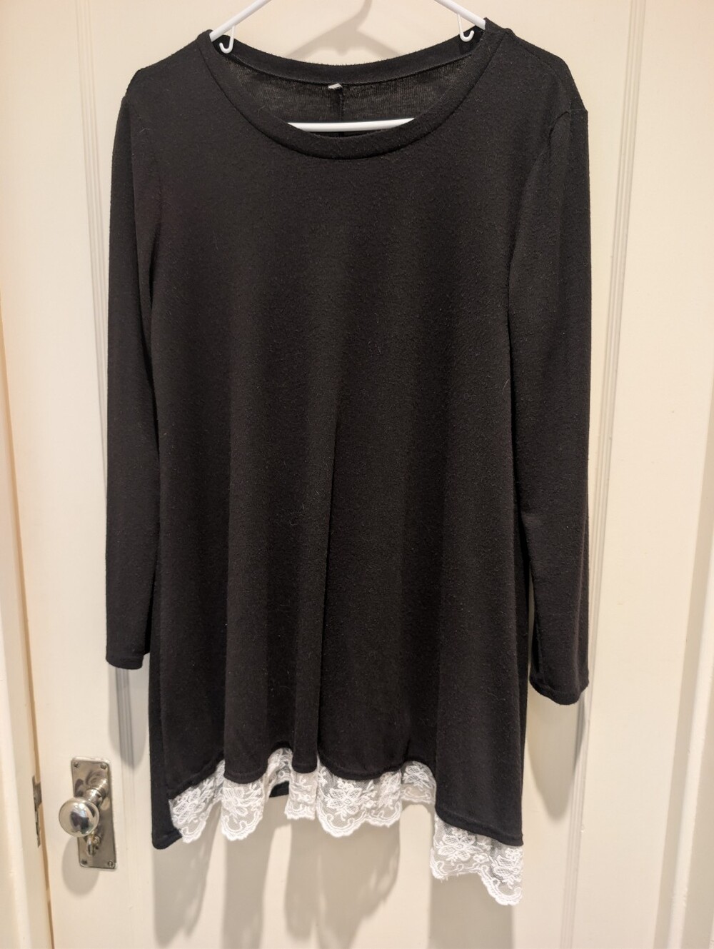Black Long Sleeve Tunic with White Lace Hem Size Large